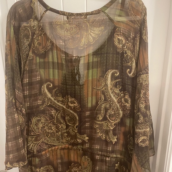 View by Walter Baker Plus Size Brown/Green/Orange Sheer Tie Top - Picture 6 of 6